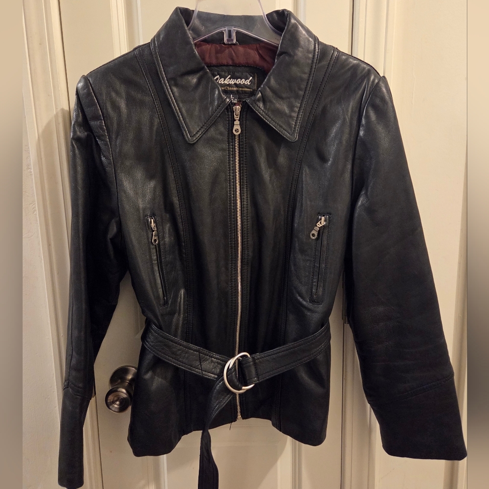 Vintage Black Oakwood SOFT Leather Motorcycle Jacket w/ belt LARGE